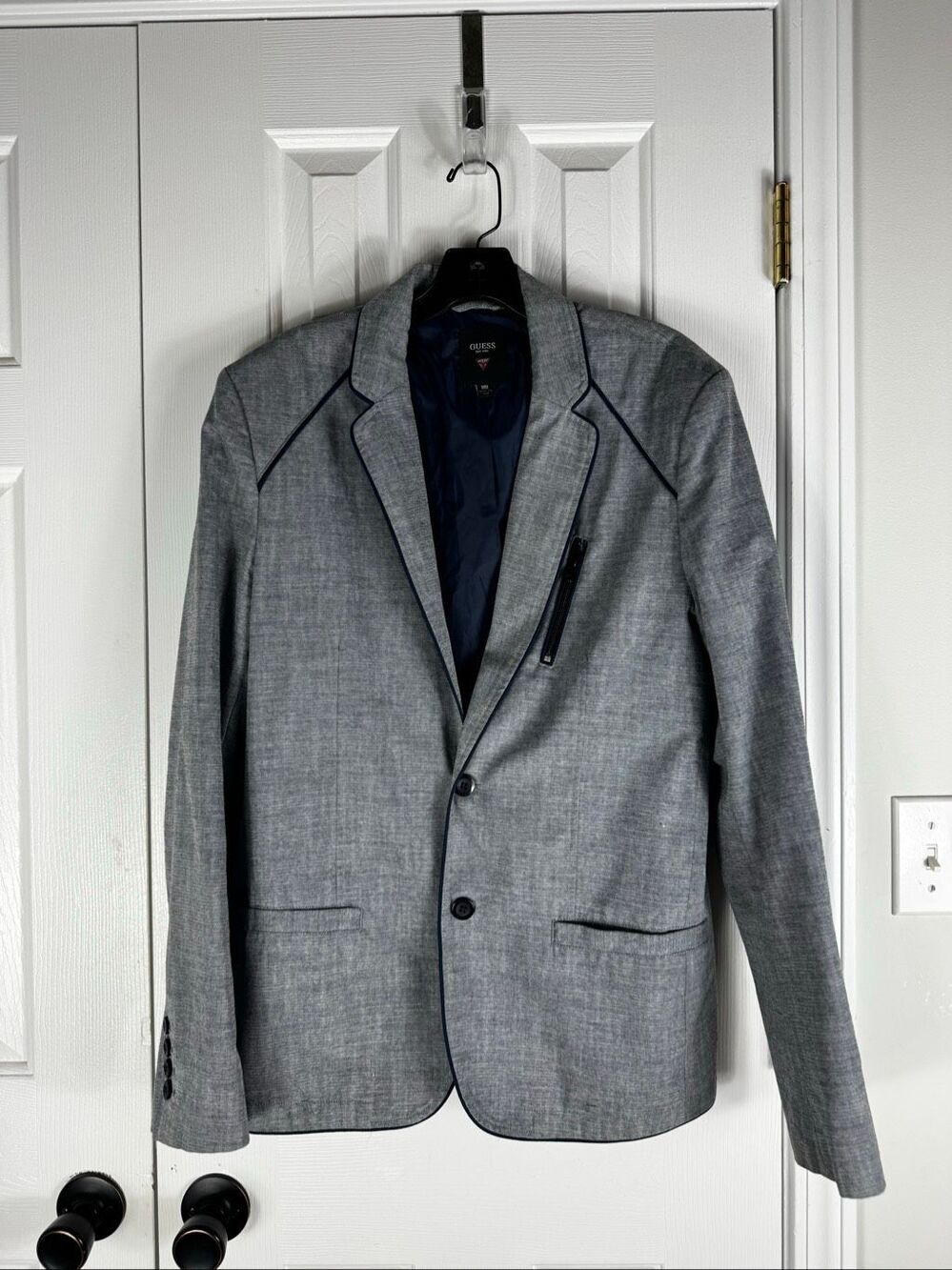 Guess Mens Gray Blue  Melange Cotton Blend Casual Sport Coat Blazer Size M